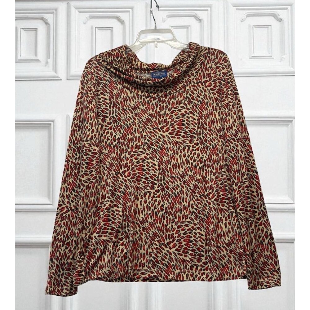 Pendleton Women's L Red Tan Animal Print Long Sleeve  W/ Cowl Neckline Rayon